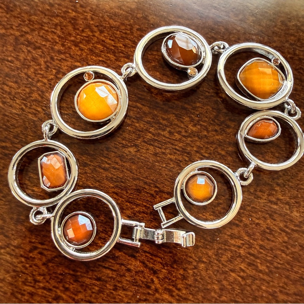 Elegant Silver, Orange, Amber and Brown Gemstone Bracelet